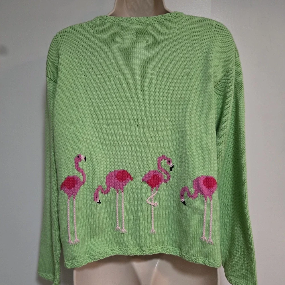 Vintage‎ 90s Rey Wear Size S Green Flamingo Hand Knit Cardigan - Picture 5 of 7